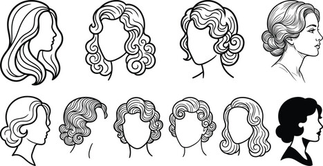 Fototapeta premium Woman Hairstyle Icon Set with Curly, Wavy, and Vintage Hair Outline Illustrations for Beauty and Fashion Designs