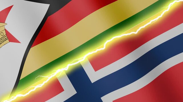 Two waving flags Zimbabwe and Norway with diagonal lightning seamless, 4k loop