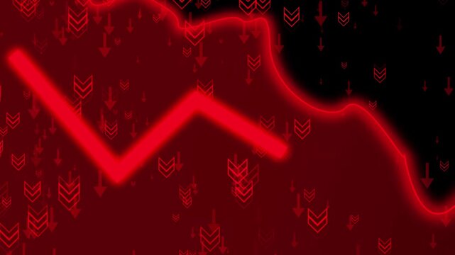 Glowing Red Stock Market Line Chart with Falling Arrows Overlay Animation on Black