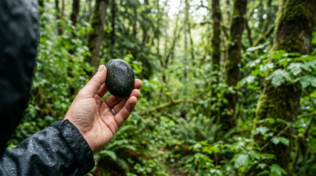 Outstretched hand holding a dark smooth stone in a lush green damp forest