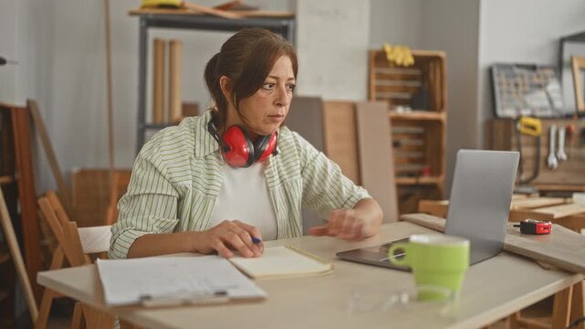 Woman carpenter writing notes with pen and hand in studio workshop at a woodworking table with laptop, tape measure and ear protectors; concentration planning.