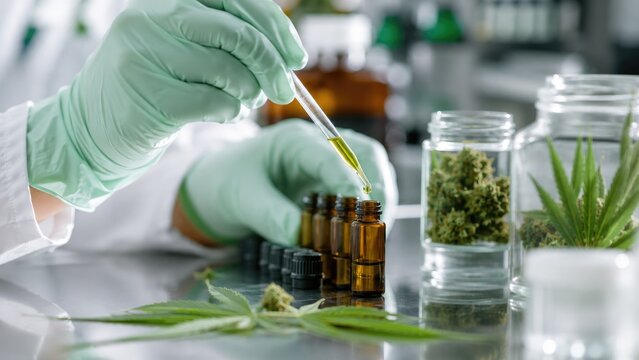 Laboratory scene of CBD hemp oil being pipetted into amber vials beside cannabis buds and glass jars