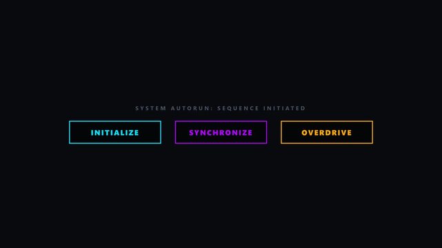 A futuristic computer terminal screen displays three glowing neon command buttons featuring options to initialize the internal system memory while synchronizing multiple tasks within an active