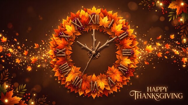 A festive clock face surrounded by vibrant autumn leaves with a glowing bokeh background for thanksgiving holiday celebrations