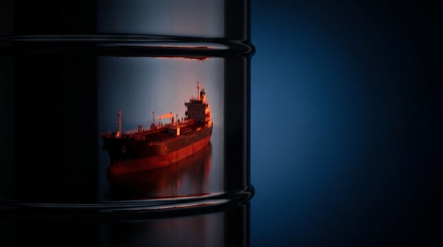 Crude oil barrel reflecting a tanker ship on water surface with dark background and subtle lighting effects. Concept of oil and energy crisis, sanctions, resource control, Middle East conflict
