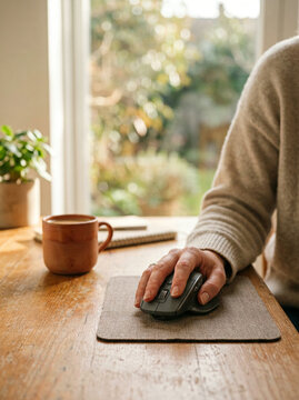 Hand resting on a grey mouse pad at a sunlit wooden desk by a window in an office