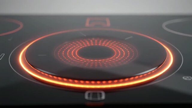 Macro cinematic video showcasing the symmetry of a modern electric stove, focusing on the glowing circular heat pattern under the glass surface