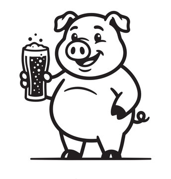 Happy cartoon pig holding a glass of beer with bubbles vector design.
