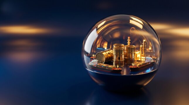 Glass globe containing miniature oil barrels and industrial elements, illuminated against a dark background. Concept of oil and energy crisis, sanctions, resource control, Middle East conflict
