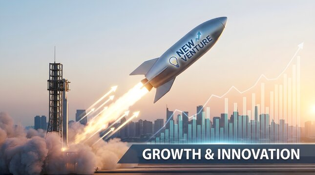 3D Rocket Launching with New Venture Logo, Growth Chart, and City Skyline, Concept for Business Growth, Innovation, Startup Success, and Enterprise Breakthrough