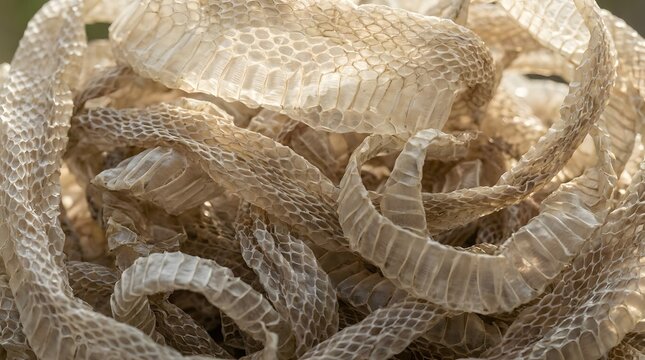 A close-up view of a large pile of translucent, textured, and dry shed snake skins, showing intricate scale patterns.