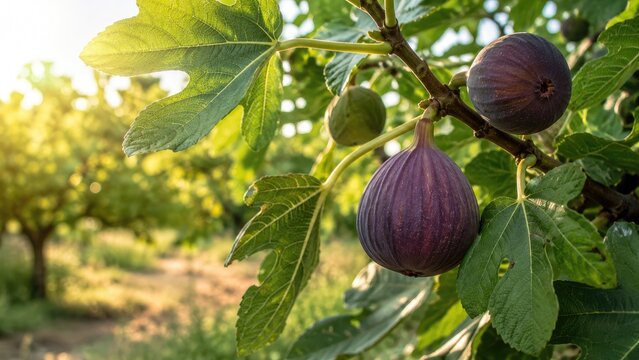 Ripe purple figs hanging on a sunlit fig tree branch in a leafy orchard at golden hour
