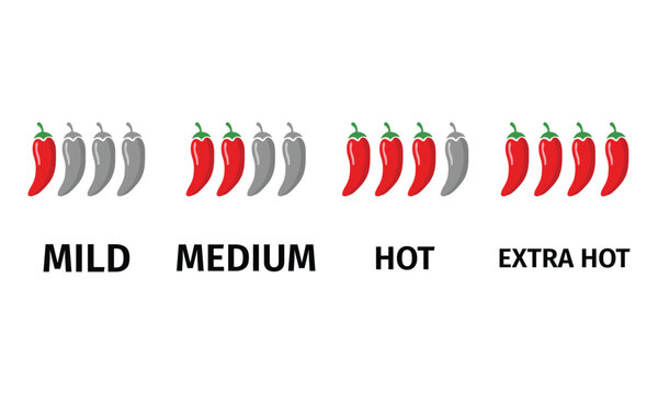 Chili pepper heat level icons set, from mild to extra hot, featuring red and grey pepper symbols