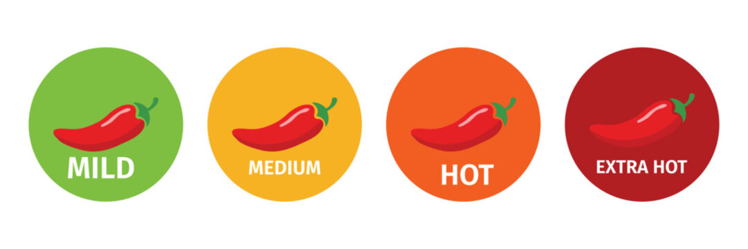 Spicy level indicators set with hot chili peppers and colorful round icons mild, medium, hot and extra hot food spice scale vector illustration
