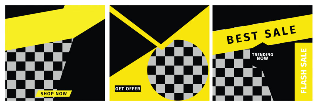 Abstract modern sale banner templates set with black, yellow and grey checkered background vector social media post design