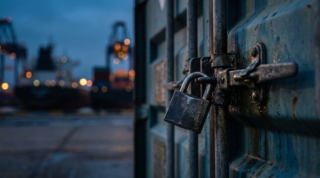 Close-up view of shipping container lock, industrial port setting with blurred cargo ships in background. Concept of oil and energy crisis, sanctions, resource control, Middle East conflict