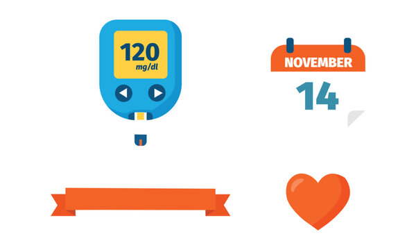 World diabetes day elements set, glucometer with blood drop, calendar november 14, red heart symbol and banner