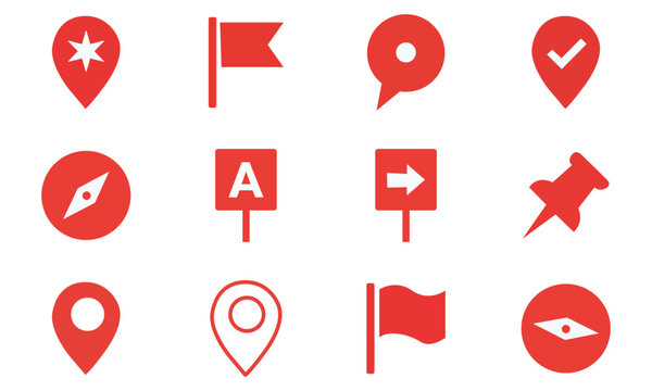 Set of location pin and navigation vector icons map markers, pins, gps symbols, compass, direction signs and flags