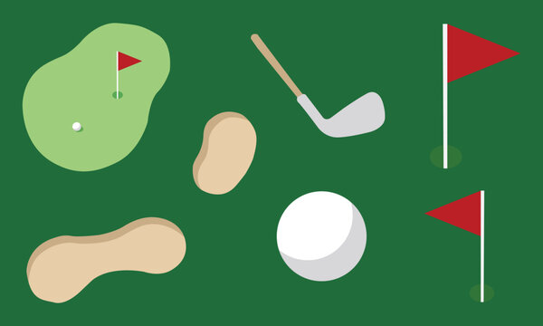 Golf course elements set with green field, putting green, golf ball, club, sand traps and red flags