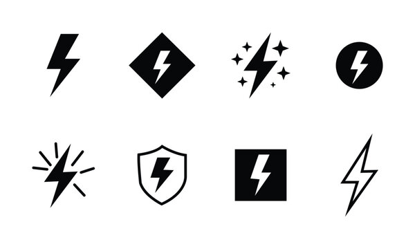 Set of black lightning bolt icons with various shapes like diamond circle shield square and sparkles