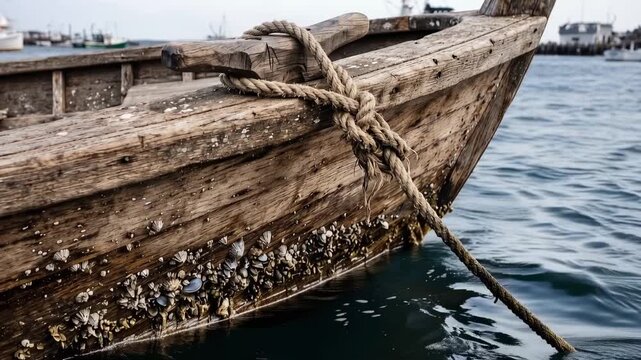 Tracking shot of weathered wooden boat tied to rope bobbing in harbor with fishing vessels and docks in background, overcast daytime, textured hull and barnacles visible