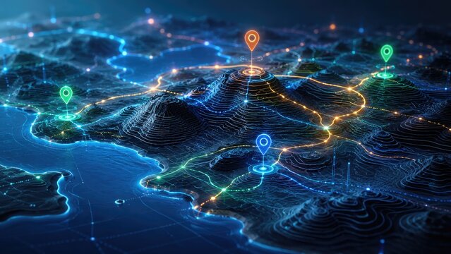 Futuristic 3D topographic digital map with glowing routes and colorful location pins