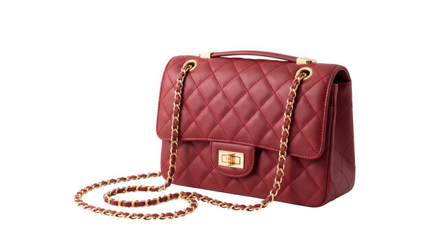 A red quilted leather handbag with a gold chain strap isolated on white background with leather purse metallic gold lock closure stylish red sophisticated possession accessory stitching fashion