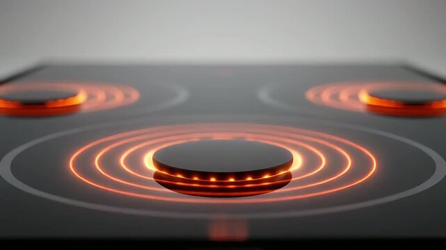 Macro video showcasing the symmetry of a modern electric stove, focusing on the glowing circular heat pattern under the glass surface
