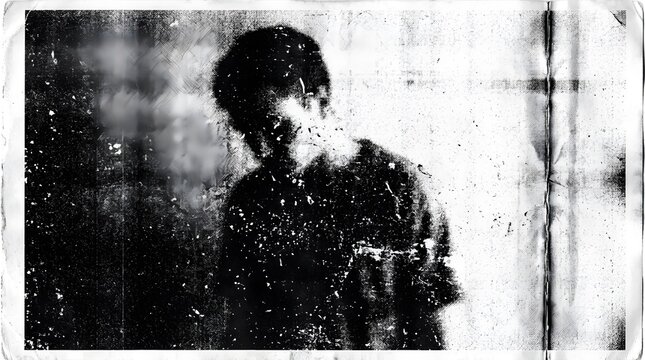 A grainy, black and white photo of a person with an obscured face, creating a mysterious and somber mood.