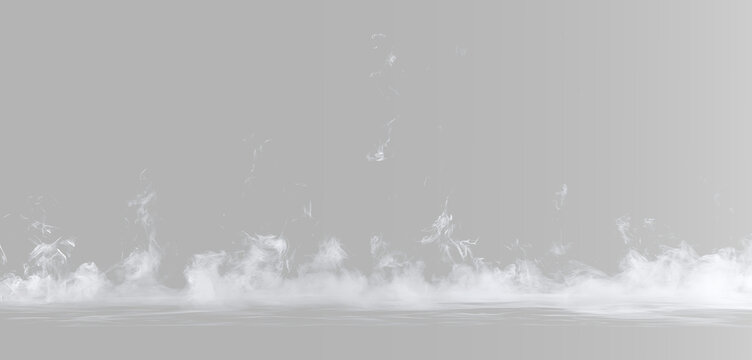 Smoke and mist rolling in an uneven low layer with white clouds and gentle flowing vapor near ground
