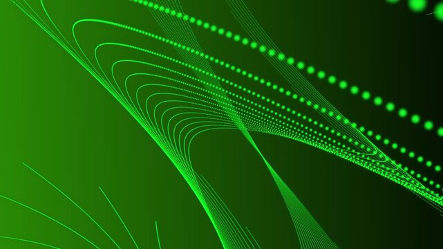 Animation of an abstract swirling technology background made up of a trail of digital light energy particles. 