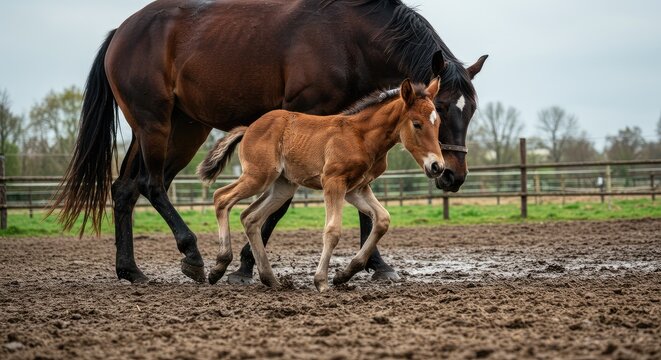 A horse and its foal in a muddy paddock.  A young foal playfully follows its mother