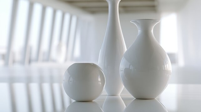 Glossy white decorative composition with minimalist serenity concept communicating cleanliness calmness and sophistication selective focus realistic contemporary gallery backdrop. 