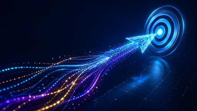 Futuristic fiber optic light trails converging into a digital arrow piercing a glowing target representing technological advancement