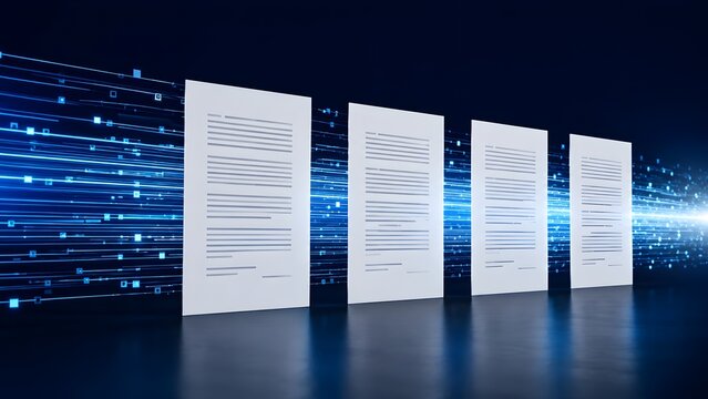 High speed digital document transfer sequence showing electronic pages flowing through a glowing blue server data stream