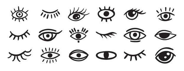 Obraz premium eyes and lashes doodle hand drawn icon set. Outline drawing line clipart symbol collection