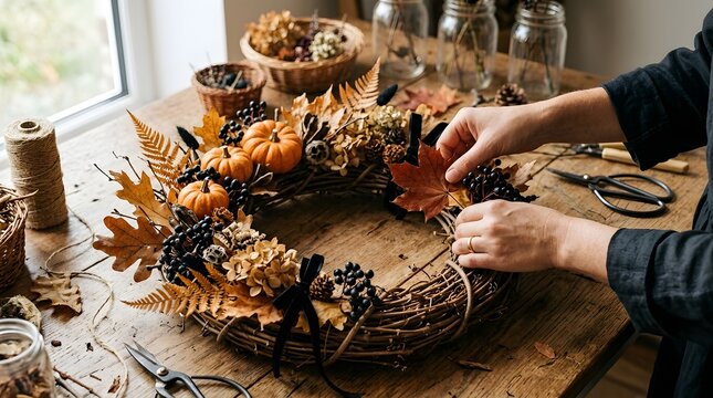 DIY Halloween Wreath Crafting with Seasonal Foliage, Mini Pumpkins, Rustic Decorations, and Creative Autumn Workshop Setting