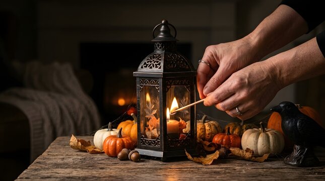 Warm Candlelit Halloween Lantern Decoration with Pumpkins and Autumn Accents Creating a Cozy Seasonal Home Scene