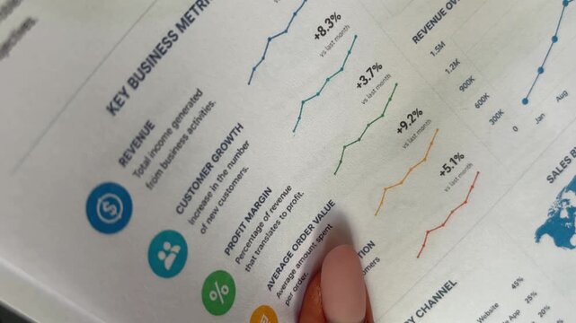 Financial analyst reviewing business performance data with charts and graphs. Manager examining key metrics, revenue growth, and profit margin for strategic planning and decision making