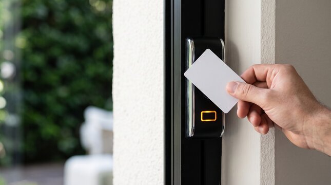 Man holding electronic keycard to unlock smart door lock close up