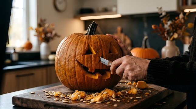 Hands Carving a Halloween Pumpkin at a Cozy Kitchen Island with Autumn Baking Supplies and Seasonal Decorations