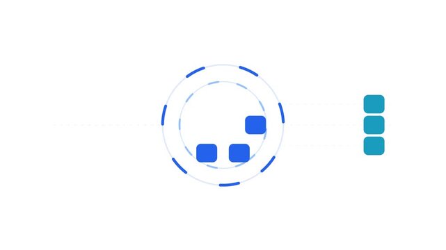A circular ring containing blue squares represents a progress indicator showing active processing stages for web applications while three stacked notification squares appear beside the main