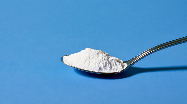 A small metal spoon holding a mound of white powder, baking soda or flour, isolated on a solid vibrant blue background for recipe design