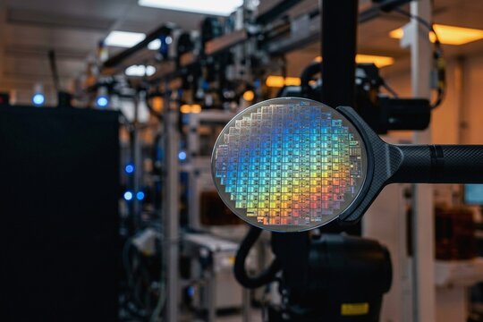 Robotic end effector holding silicon semiconductor wafer with colorful microchip dies in automated cleanroom fab