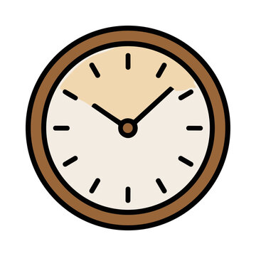 Close up of a simple analog clock with brown frame and white face showing time passing
