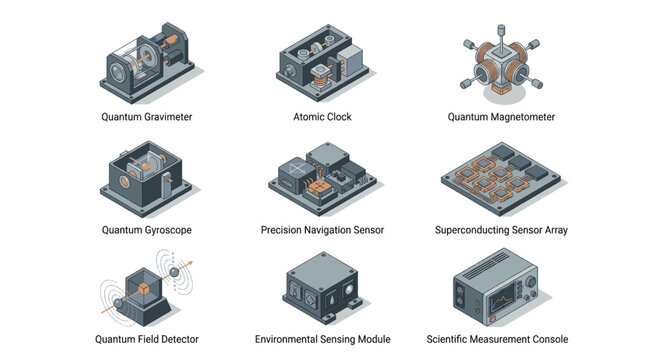 Collection of isometric illustrations of advanced scientific and quantum measurement devices.
