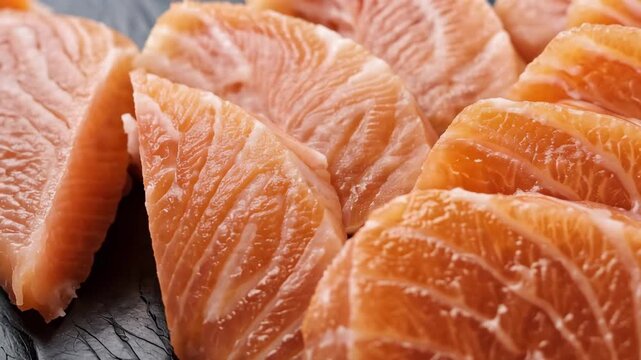Slow motion panning tracking shot of raw salmon fillet slices arranged on black slate board in studio kitchen, glistening orange pink texture under soft daylight