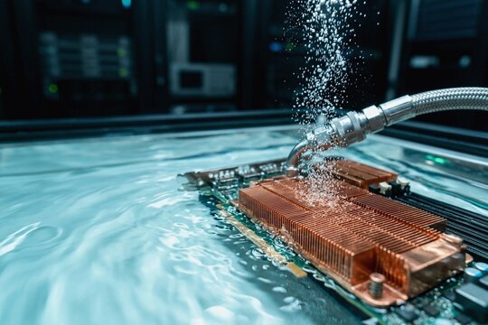 High performance server motherboard submerged in immersion liquid cooling tank with vapor bubbles in modern data center