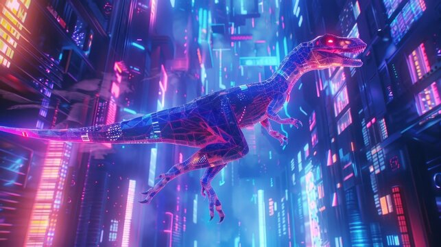 Abstract digital dinosaur in a futuristic cityscape