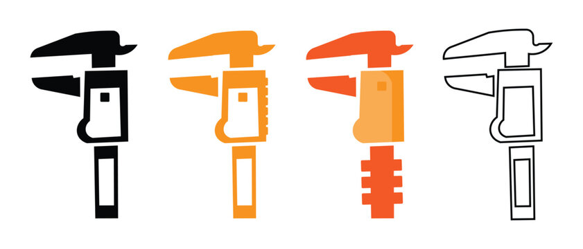 Vernier calipers measurement tools in multiple artistic styles including solid black flat orange gradient filled and outlined icons for precise industrial engineering inspection.